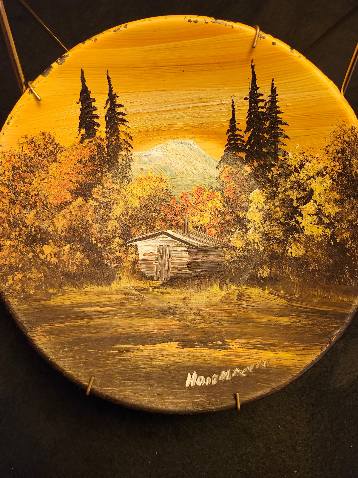 Judy Holtmann Original Hand-painted Gold Pan - Alaska Mountain Cabin in Autumn