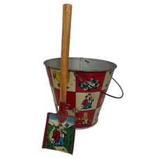 VTG 1930s REY Tin Litho Sand Pail & Shovel Cartoons Artist SLA Vigo 2 Piece Set