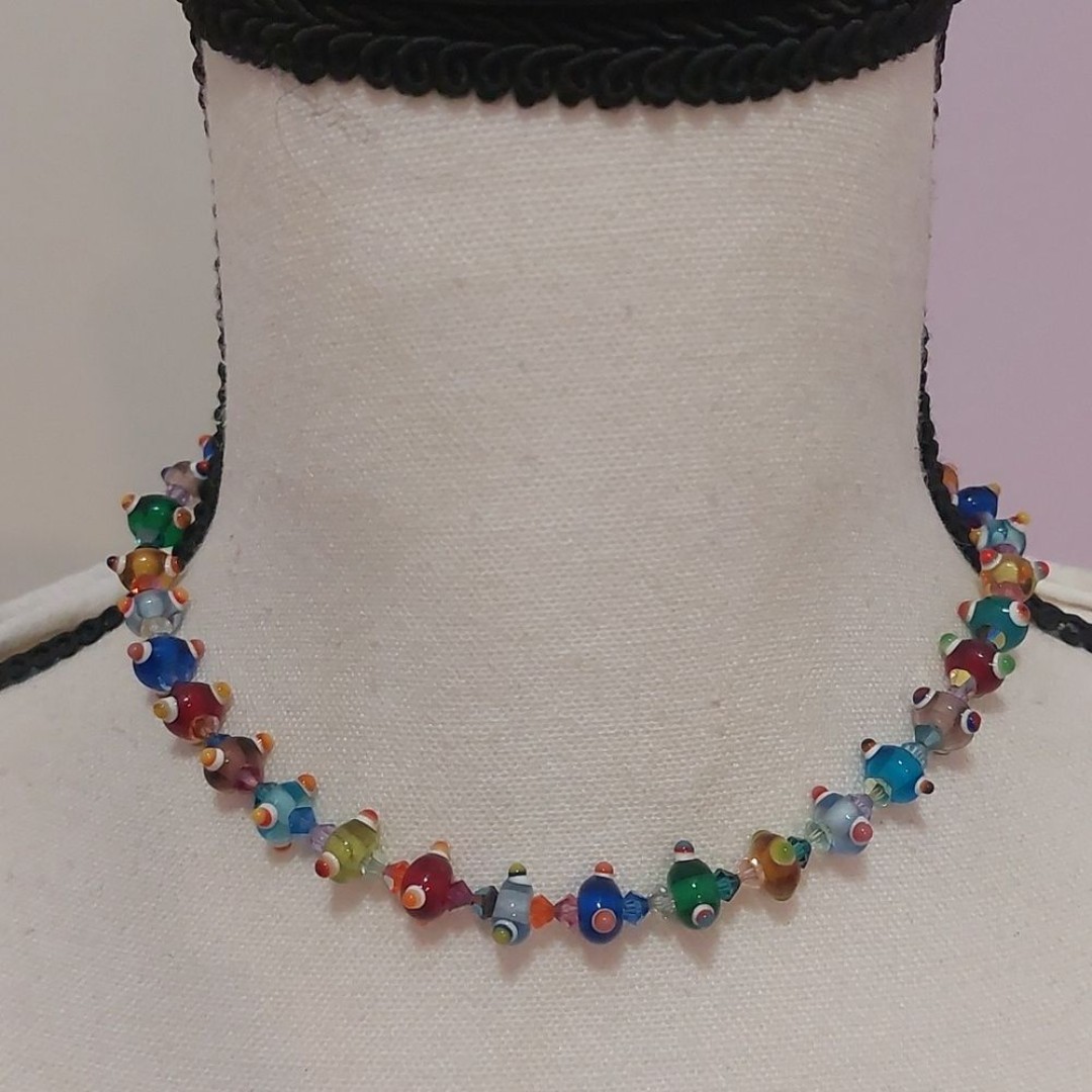 Artisan Gorgeous Multicolor Lampwork Glass Sterling Silver Choker Necklace
