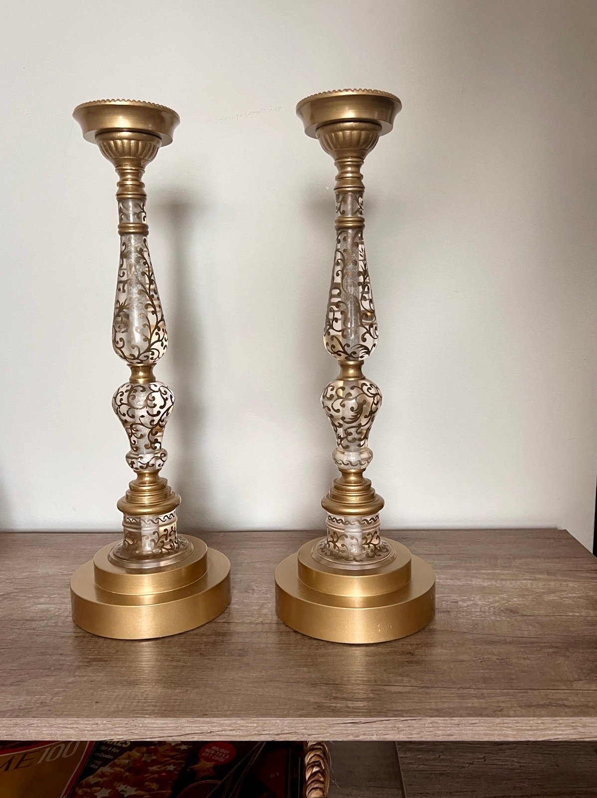 Elegant Pair of Gold and Glass Candlestick Holders