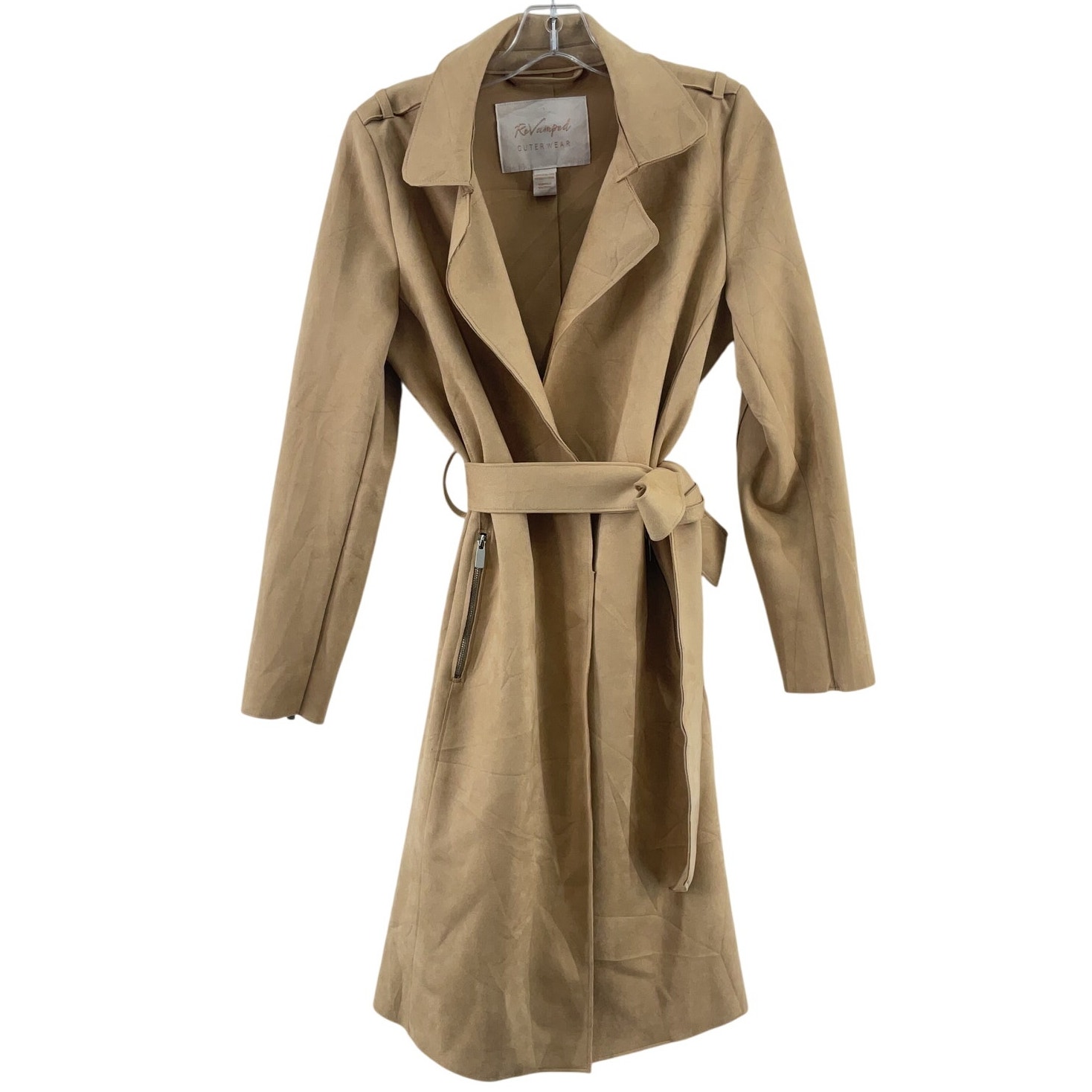 REVAMPED Tan Faux Suede Belted Trench Coat Women’s Small Pre-Owned