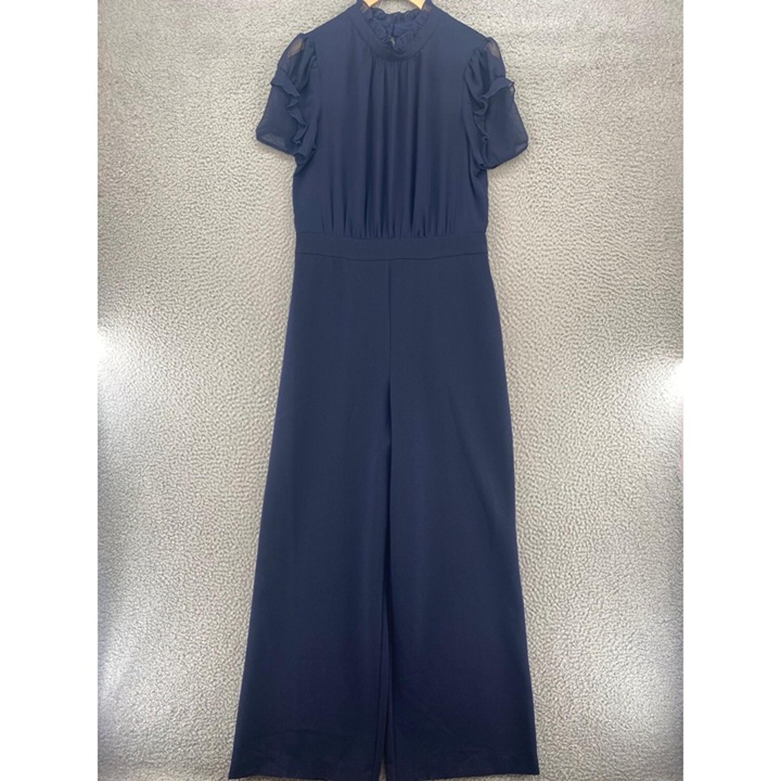 Vince Camuto Jumpsuit Womens 10 Navy Blouson Puff Sleeve Mock Ruffle Neck Pocket