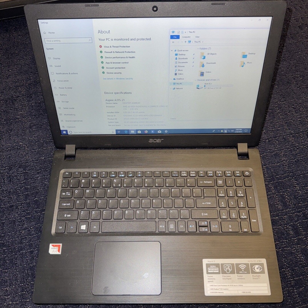 Acer Aspire 3 A315-21 AMD A4-9125 Radeon R3 2.3GHz 8GB Ram 1TB HDD No Charger