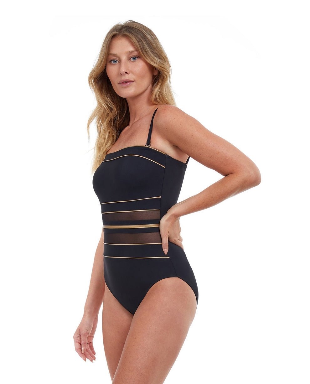 NEW GOTTEX ONYX BANDEAU STRAPLESS ONE PIECE NAVY GOLD SWIMSUIT size M
