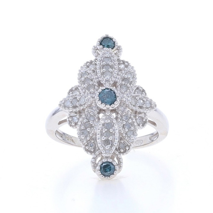 White Gold Fancy Blue Diamond Cluster Cocktail Ring - 10k .50ctw Floral V2547