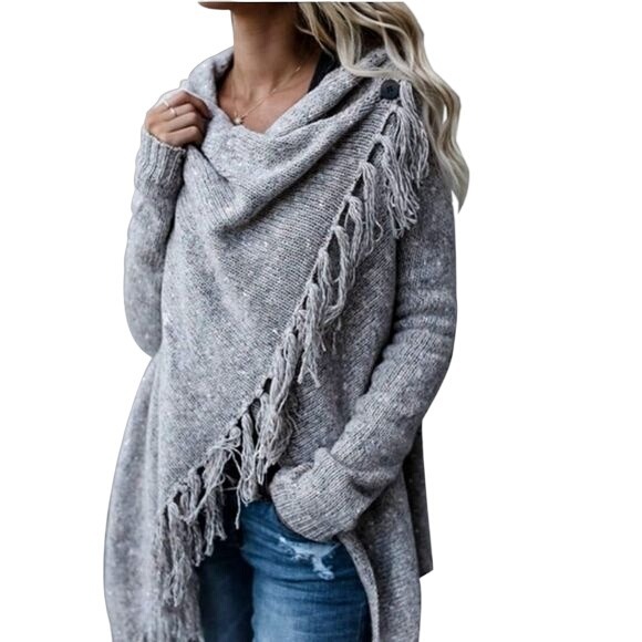 CEASIKERY Women’s Tassel Hem Wrap Cardigan Sweater Plus Size XL Grey Winter