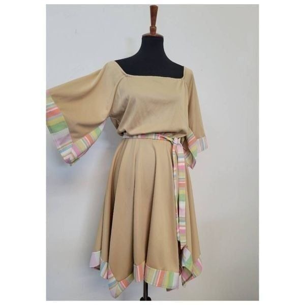 Vintage 1970's Khaki Dress with Pastel Rainbow Stripe Trim