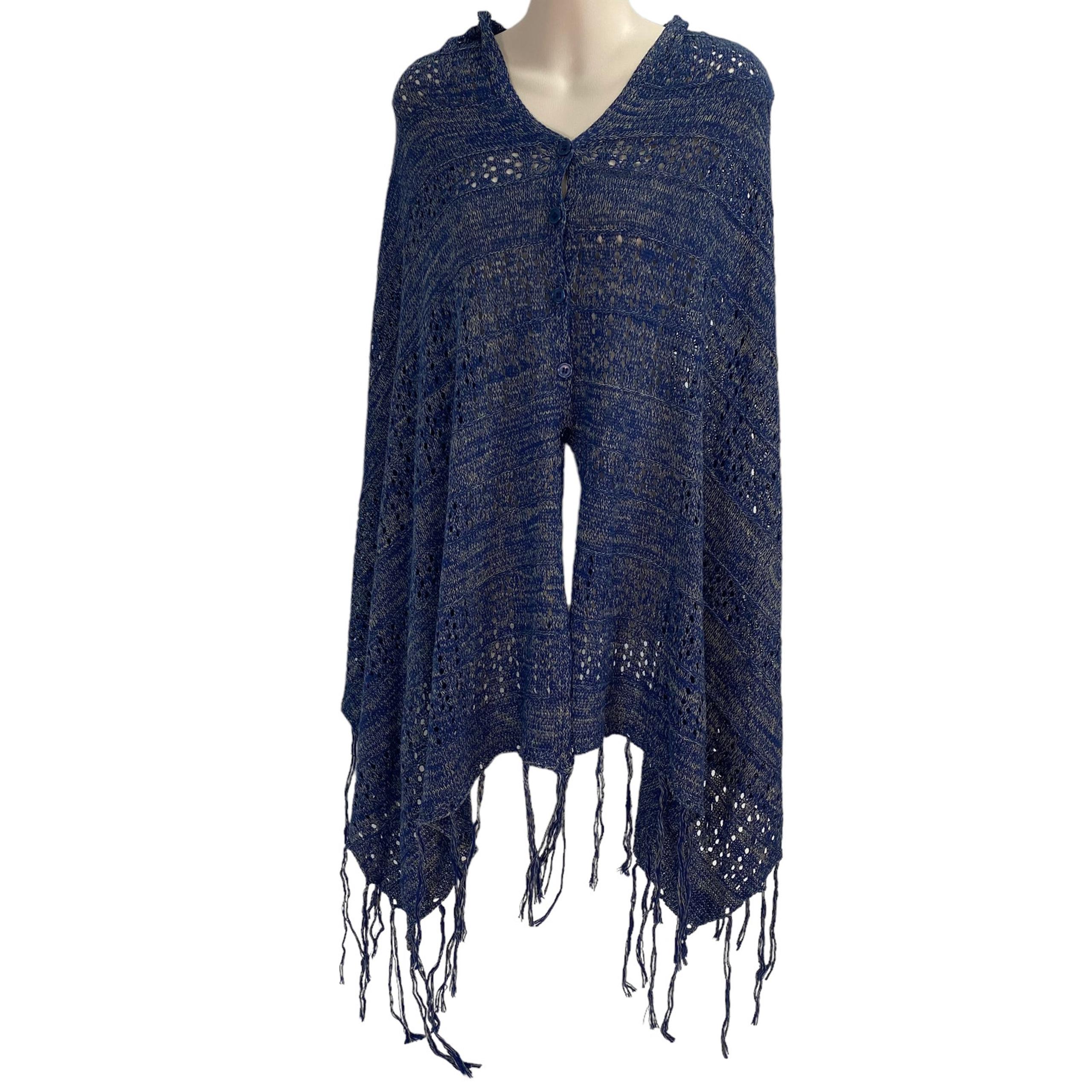 LuLaroe Mimi Shawl Poncho Wrap Sweater Blue Gray Black Fringe Scarf O/S