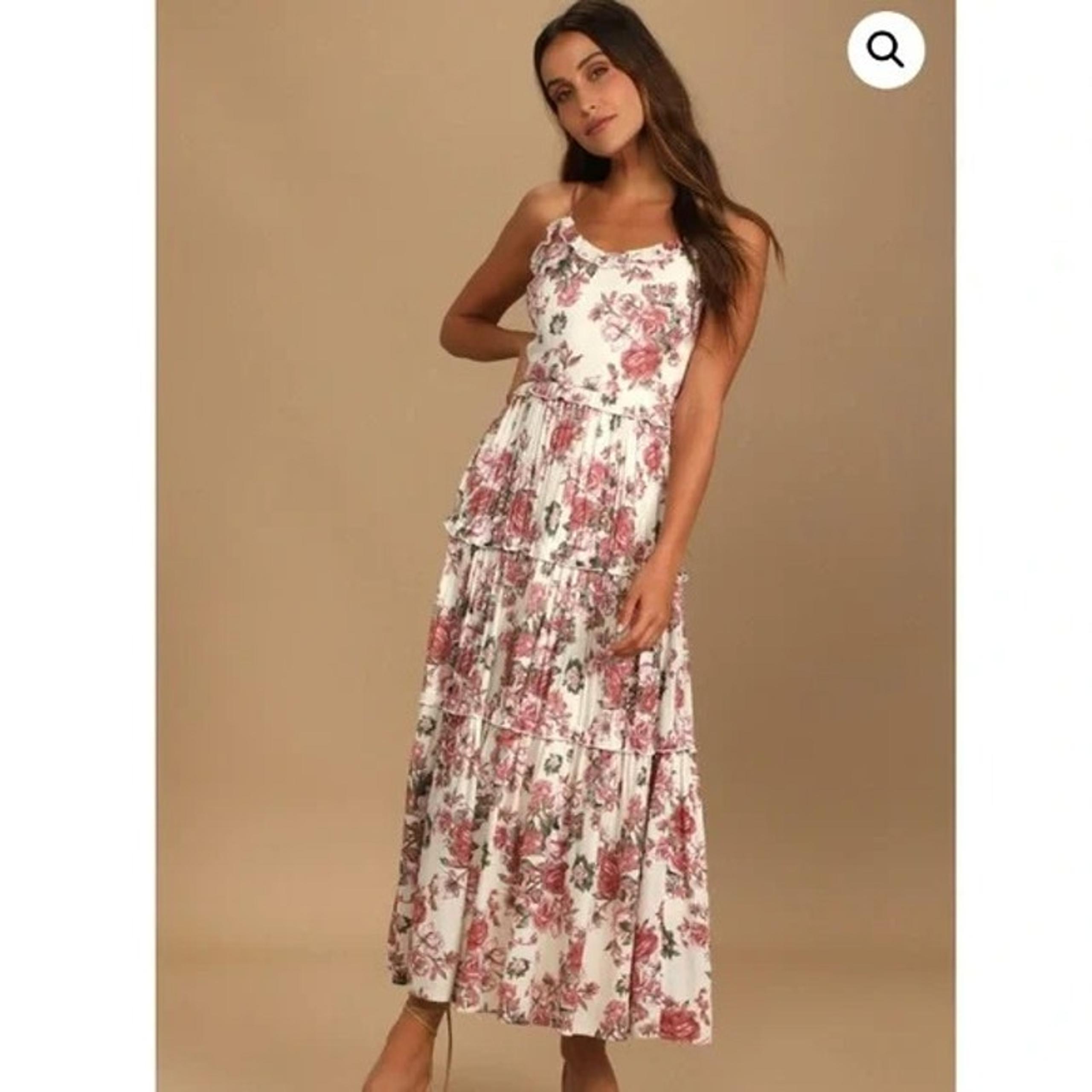 Lulus Women's Rooting for Romance Tiered Maxi Dress Floral Cream/Pink Size S - Lulu Frost