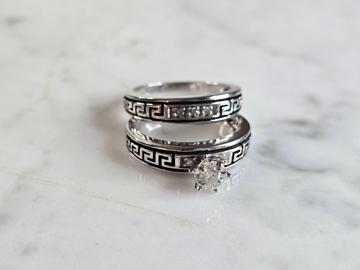 Womens Estate 14K White Gold Diamond Greek Key Wedding Ring Set, 7.2g E6526