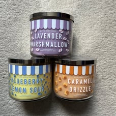 Bath and Body works candles caramel drizzle, blueberry lemon sour and lavender