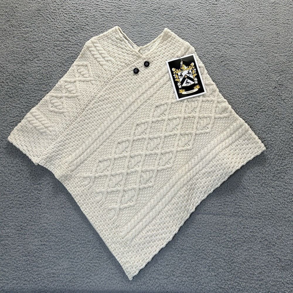 Rogers Clan Aran Sweater One Size Natural White Ireland Merino Wool Poncho