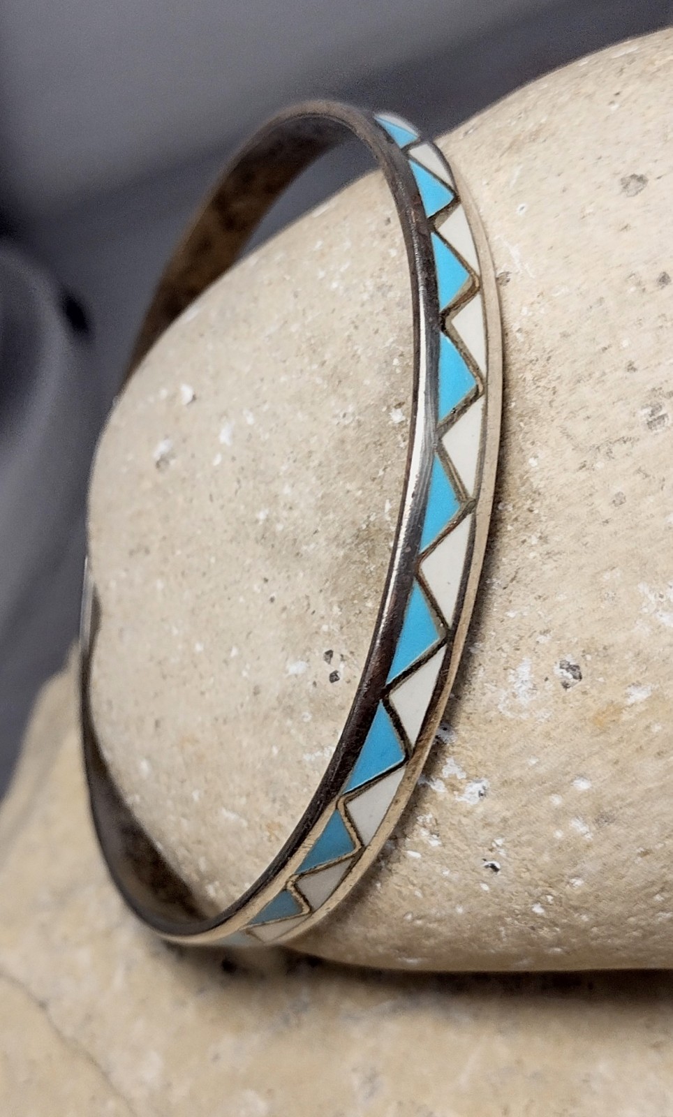 Vintage Native Southwestern Turquoise Inlay Sterling Silver Bangle Bracelet 9