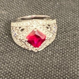 Red Gemstone Sterling Silver Band Ring Size 10
