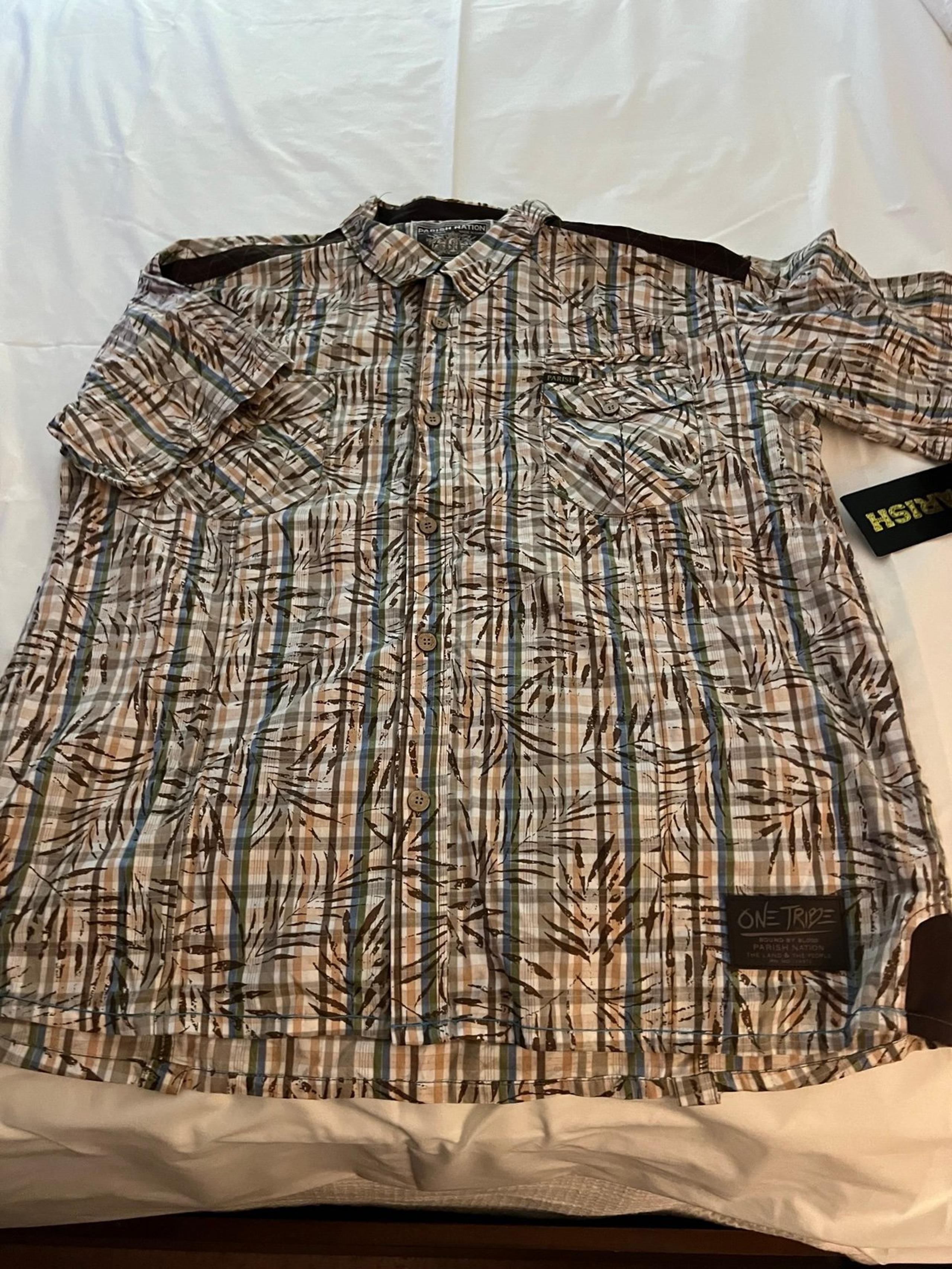 NWT Men’s 3XL Parish Nation plaid embroidered and patches shirt button up shirt