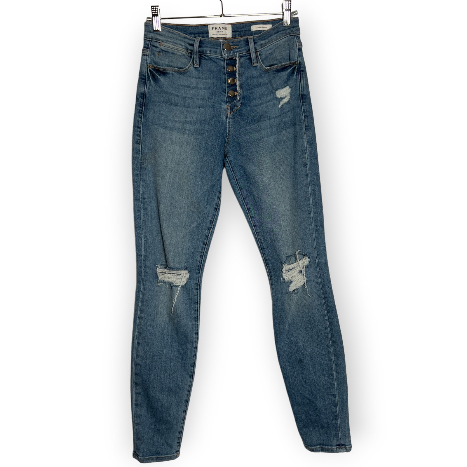 Frame Le High Distressed Button-fly Skinny Jeans
