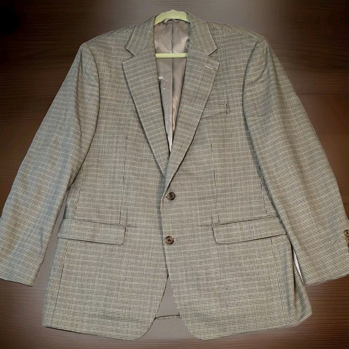 Ralph Lauren men's Silk Wool tan, blue houndstooth sport coat blazer 44L