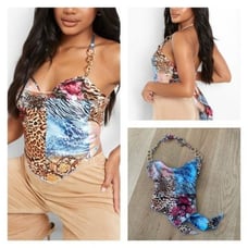 Boohoo Petite Animal print Chain Satin Scarf Top