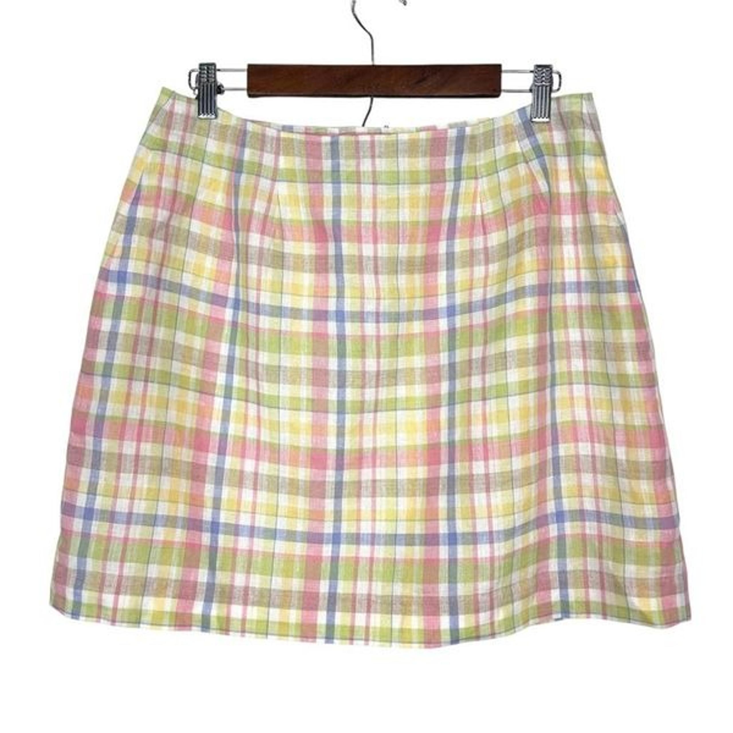 Vintage Liz Claiborne Linen Mini Skort Skirt 12 P Pink Yellow Green Plaid Wrap
