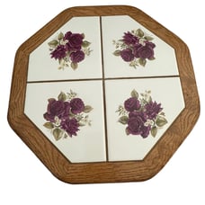 Vintage 15” Floral Tiled Oak Octagon Lazy Susan Farmhouse Country