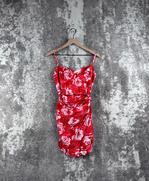 New Reformation Dress 8 Womens Valentine Red Wrap Rose All Over Print Open Belly