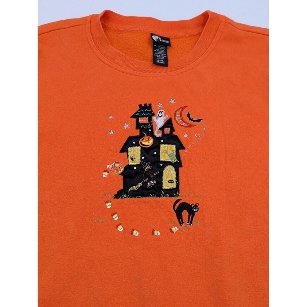 Vintage Women's Halloween Sweatshirt Size Large Cute Embroidered Teacher Cat 90s