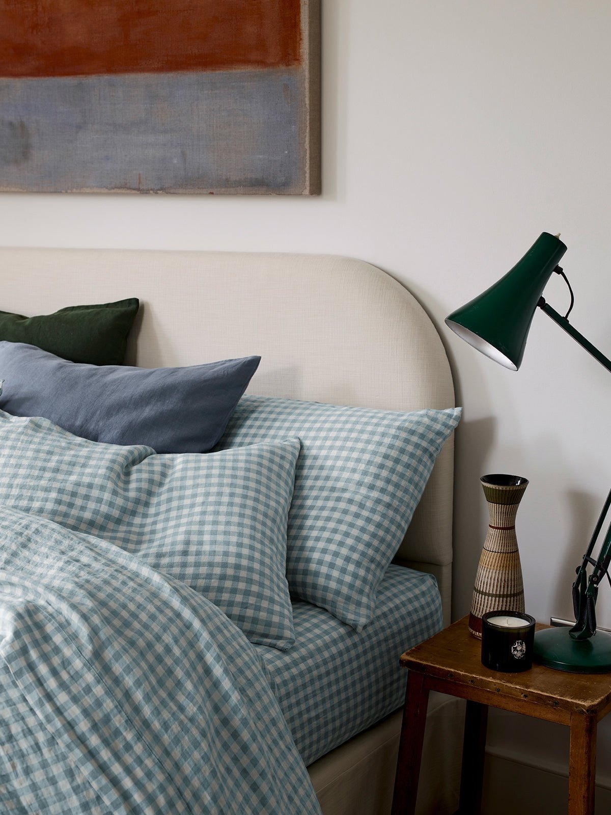 Piglet In Bed - Warm Blue Gingham Linen Blend Fitted Sheet + Pillowcase-Cal King