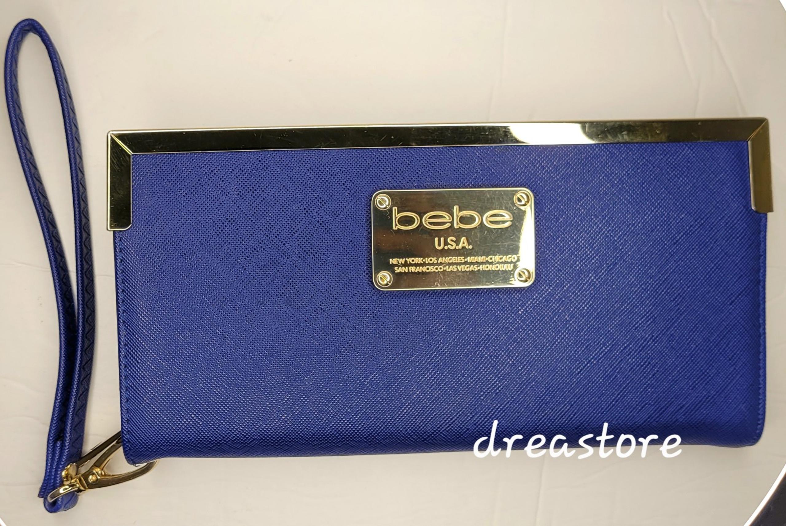 Womens Clutch Zip Wallet Bebe Royal Blue Wristlet Gold Plaque & Trim Cards Slots