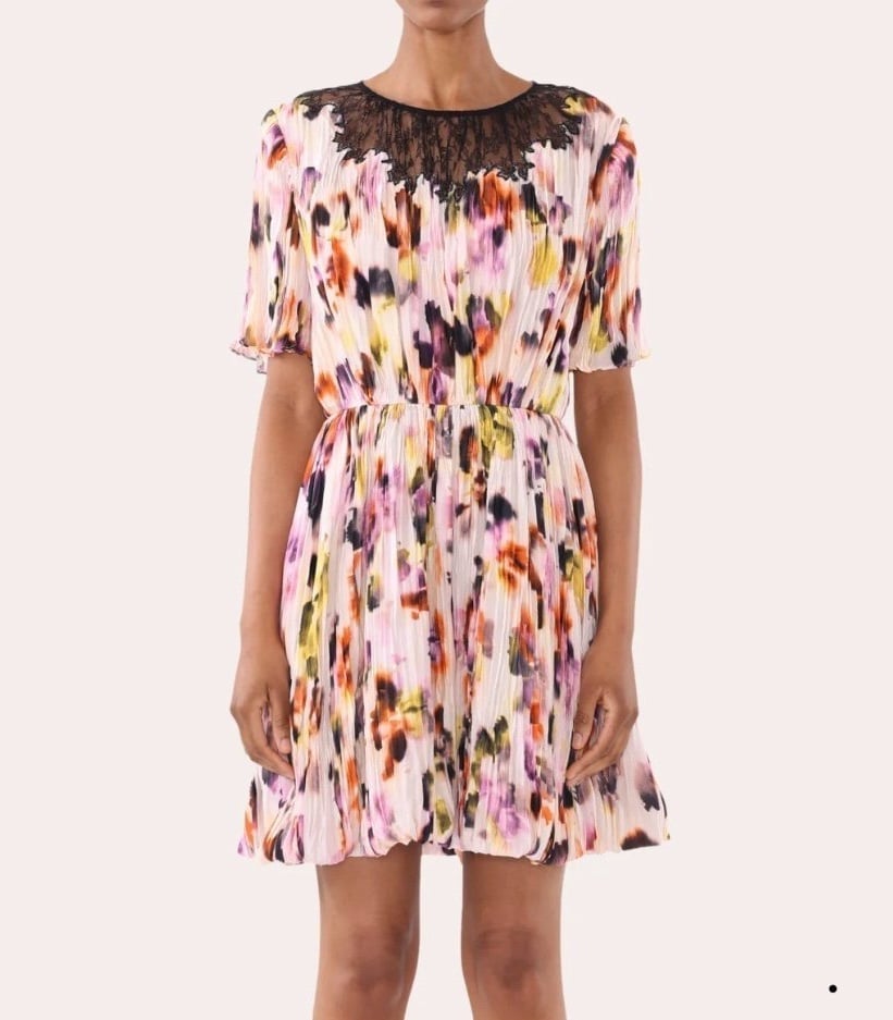 Jason Wu Collection Silk Habotai Pleated Lace-Trim Mini Dress