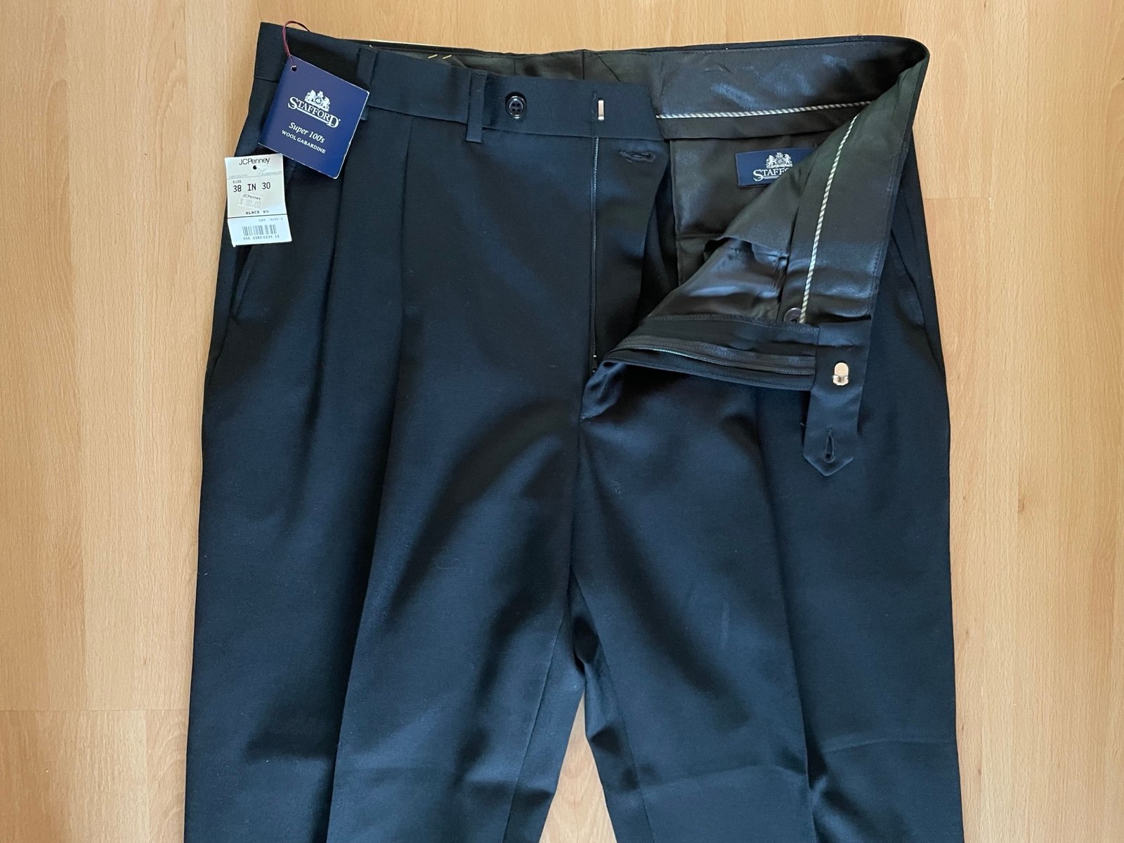 Stafford 38X30 Black Pleated Wool Dress Pants Cuffed Super 100s 12-PT338S-89 NWT