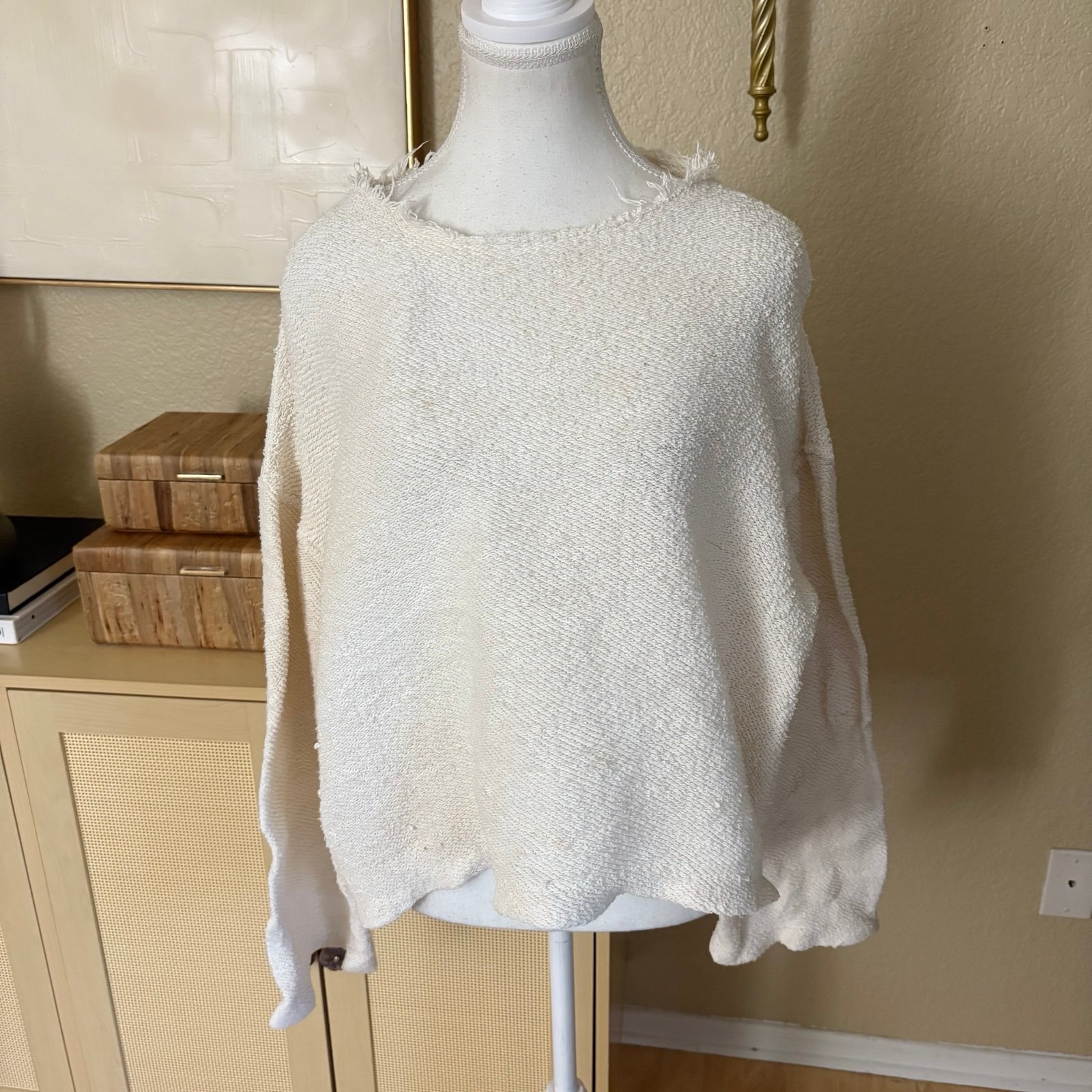 SIMON MILLER Cream Terry Cloth Raw Edge Sweatshirt/Sweater Size Small
