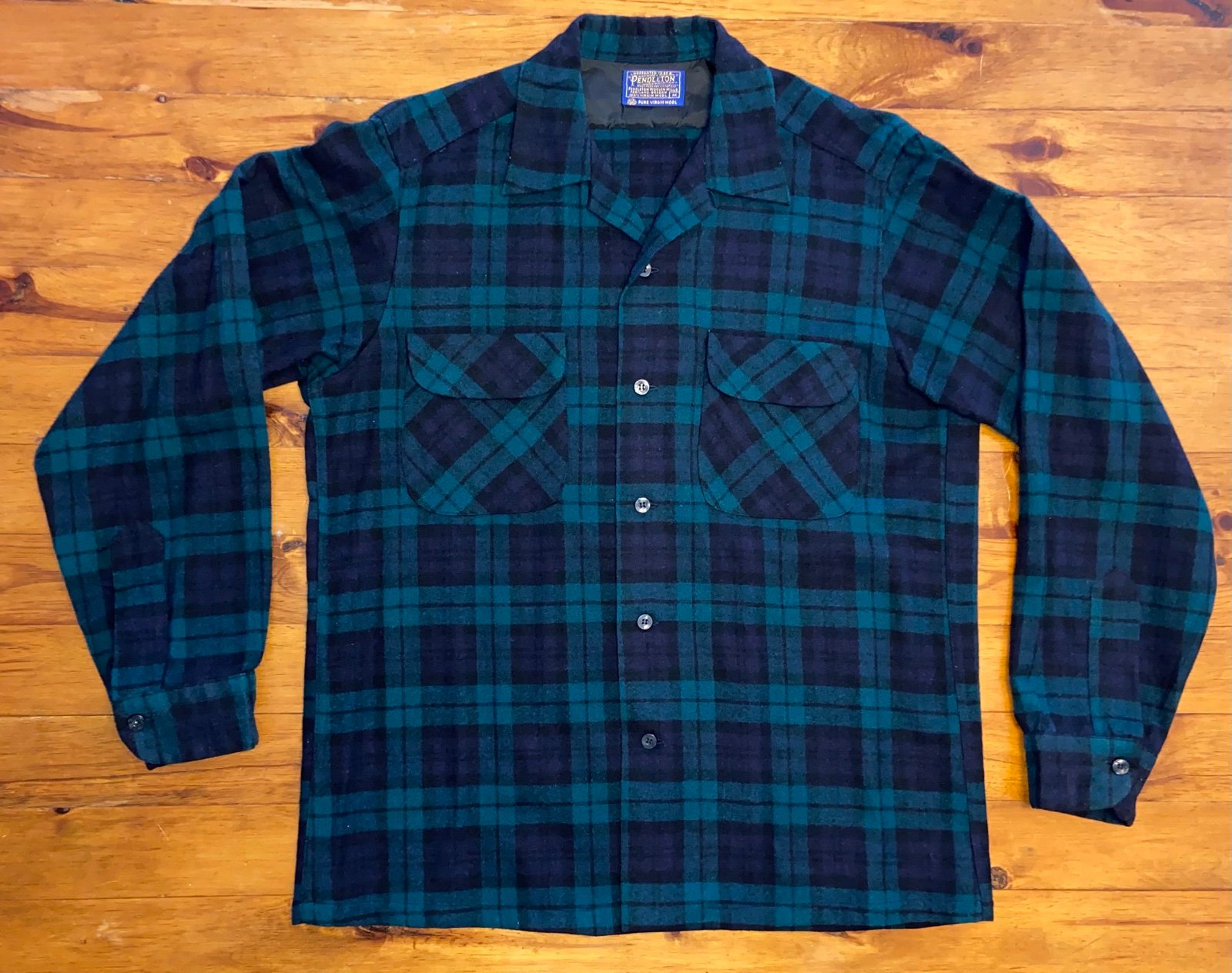 Vintage 60s Pendleton Board Shirt Medium Wool Loop Collar Plaid Flap Pockets