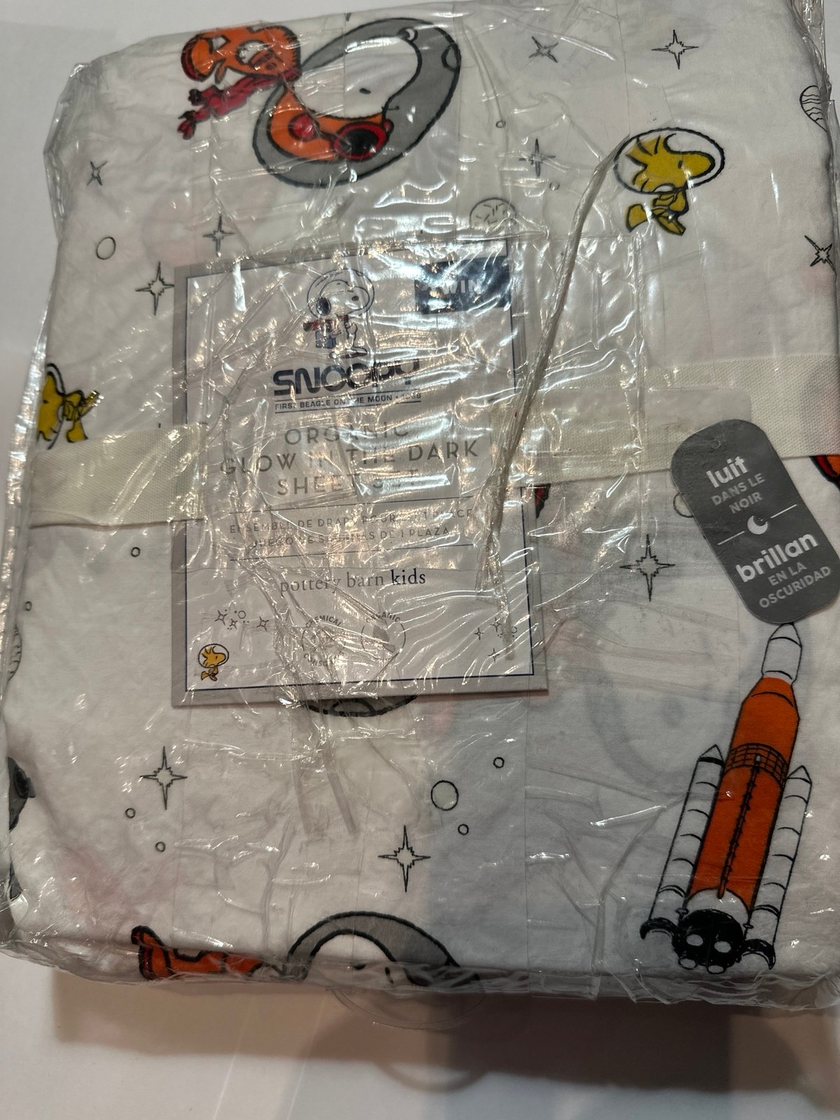 Pottery Barn Kids Twin Snoopy Glow in the Dark Space Sheet Set
