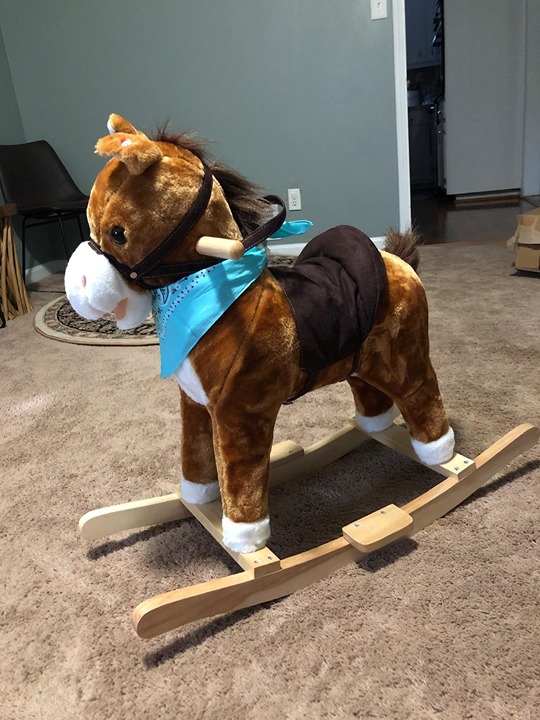 Kids Ride on Rocking Horse Plush Toy with Realistic Sounds Scarf for Over 3 Yea