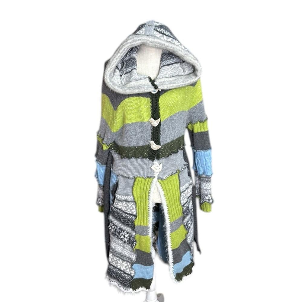Upcycled Fairy Elf Gypsy Hood Sweater Whimsical Gray Green Coat Jacket Womens M
