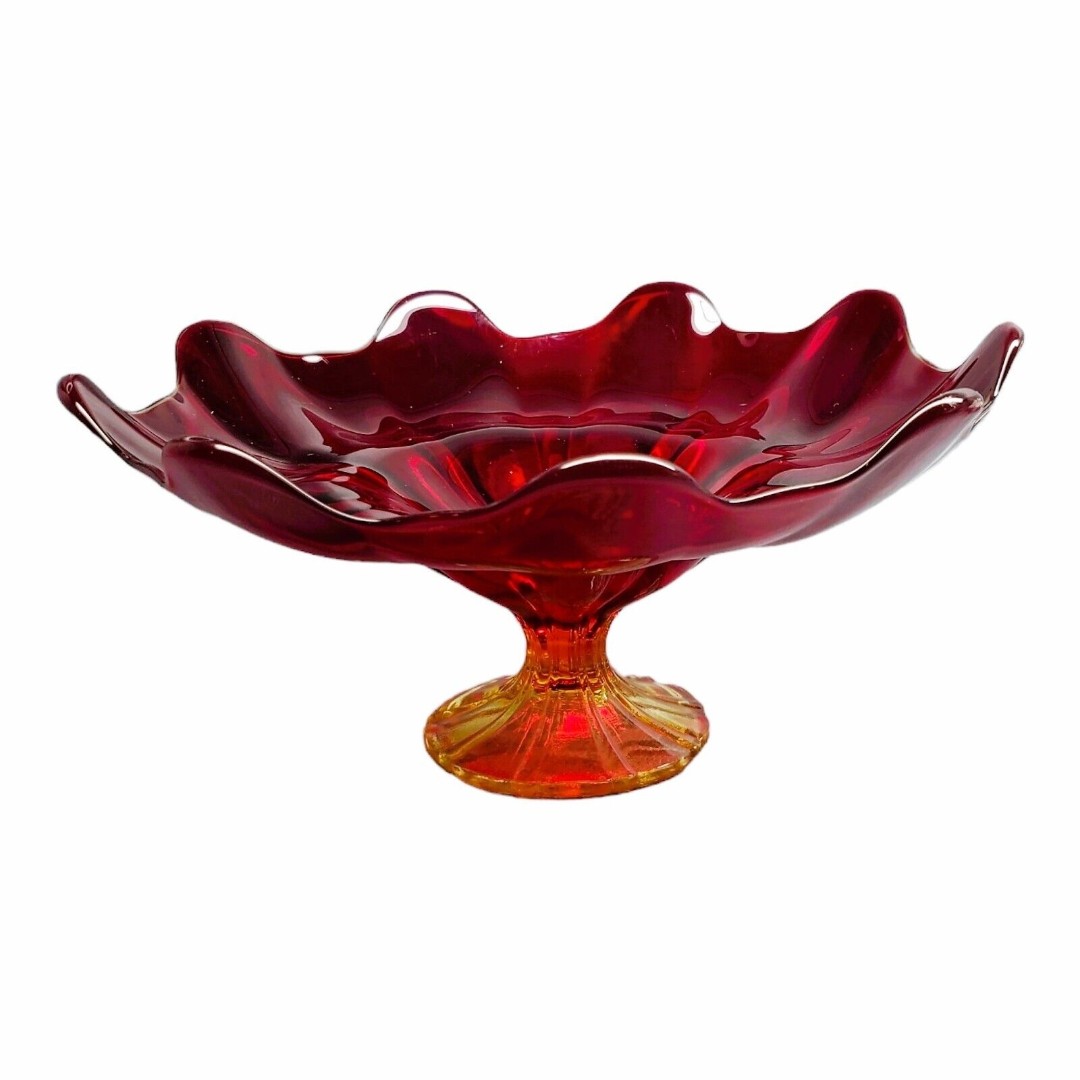 VTG LE Smith Simplicity Amberina Flame 9 Petal Compote Cadmium UV Glows 10.5