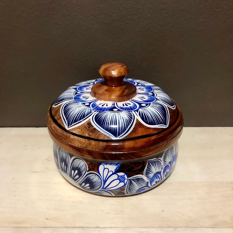 Handcrafted painted decorative mesquite bowl with lid (8” x 6.5”)