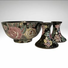Vintage Raised Enamel Black Porcelain Japanese Bowl Candle Holders Hand Painted