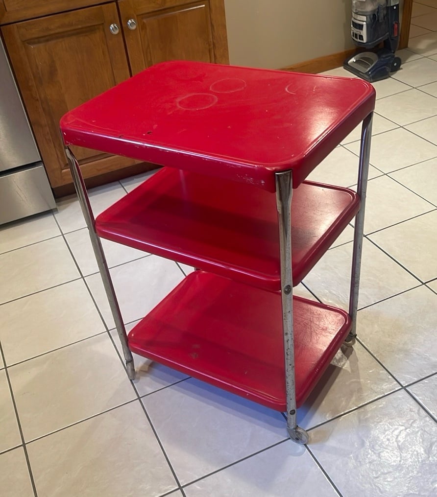Vintage Red Metal Rolling 3 Tier Cart