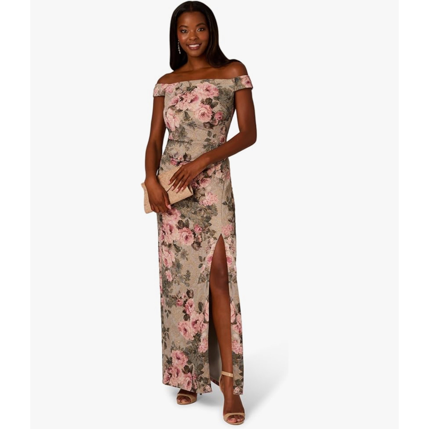 Adrianna Papell Women's Matelasse Column Gown Floral Front Slit Size 10