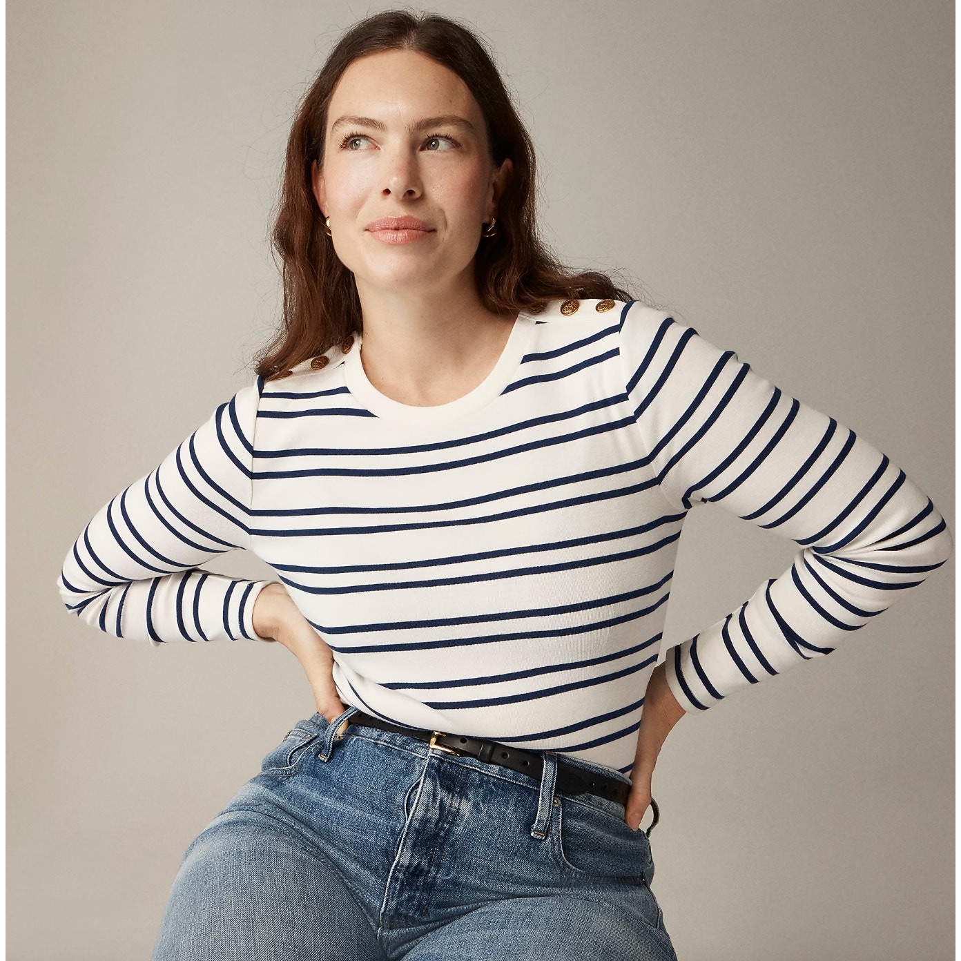 J.Crew Perfect Fit Long Sleeve Crewneck Tee Shirt Lion Buttons Striped XS NWT