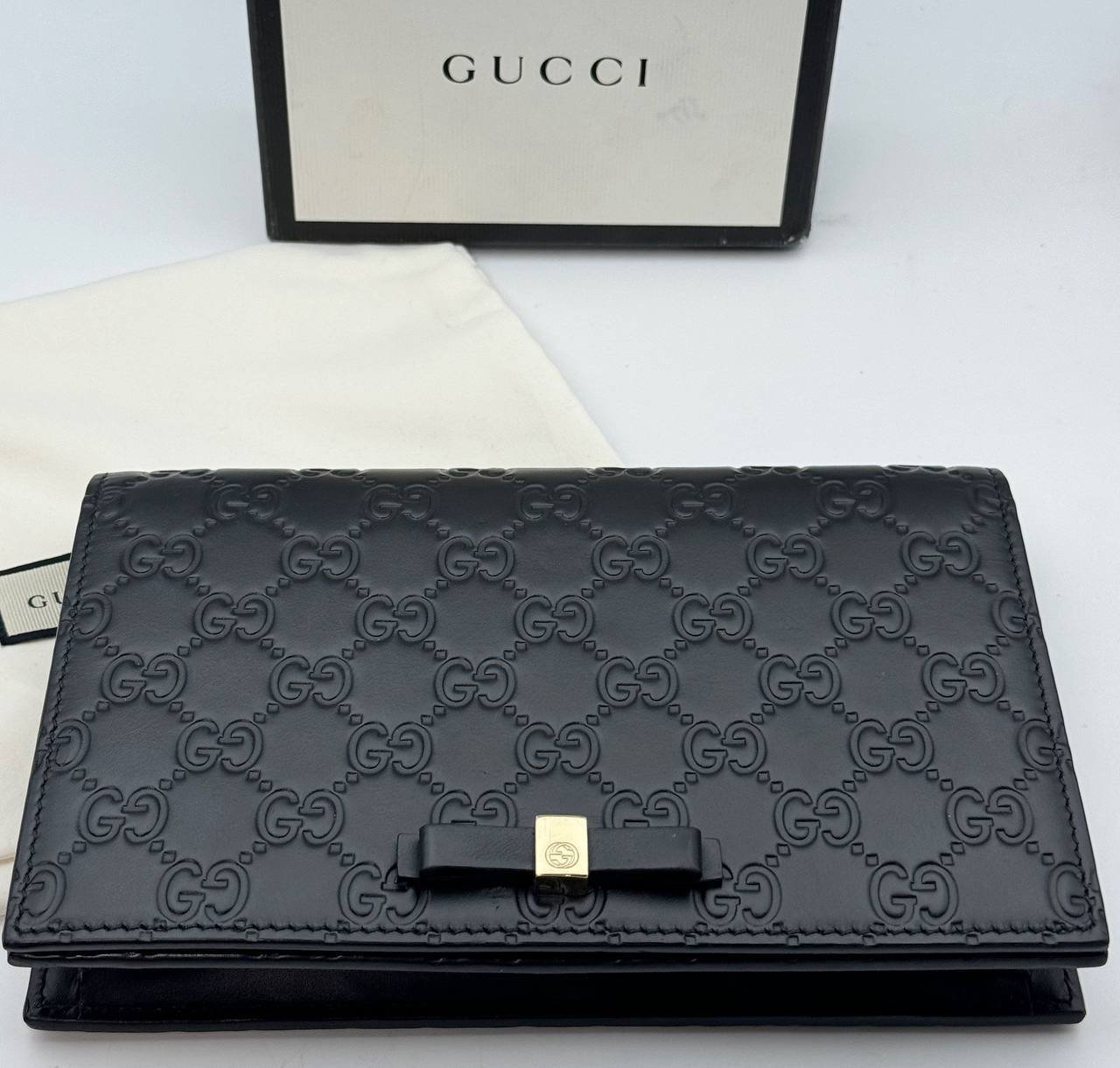 Gucci Wallet Chain Crossbody Shoulder Bag Guccisima Leather Black Gold Box Dust