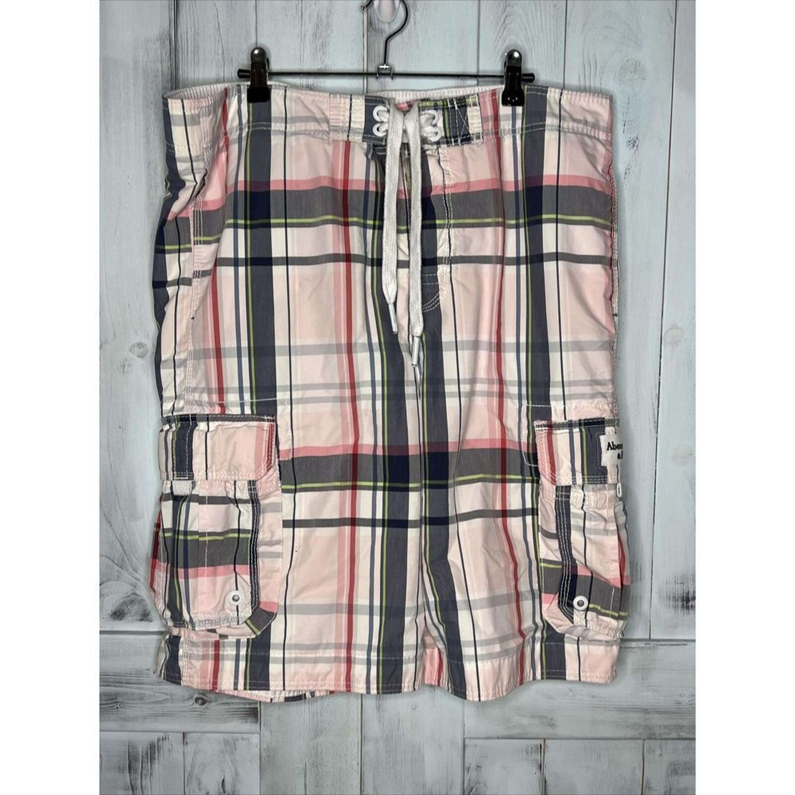 MENS ABERCROMBIE & FITCH PINK BLUE PLAID LINED CARGO SWIM TRUNKS BOARD SHORTS XL