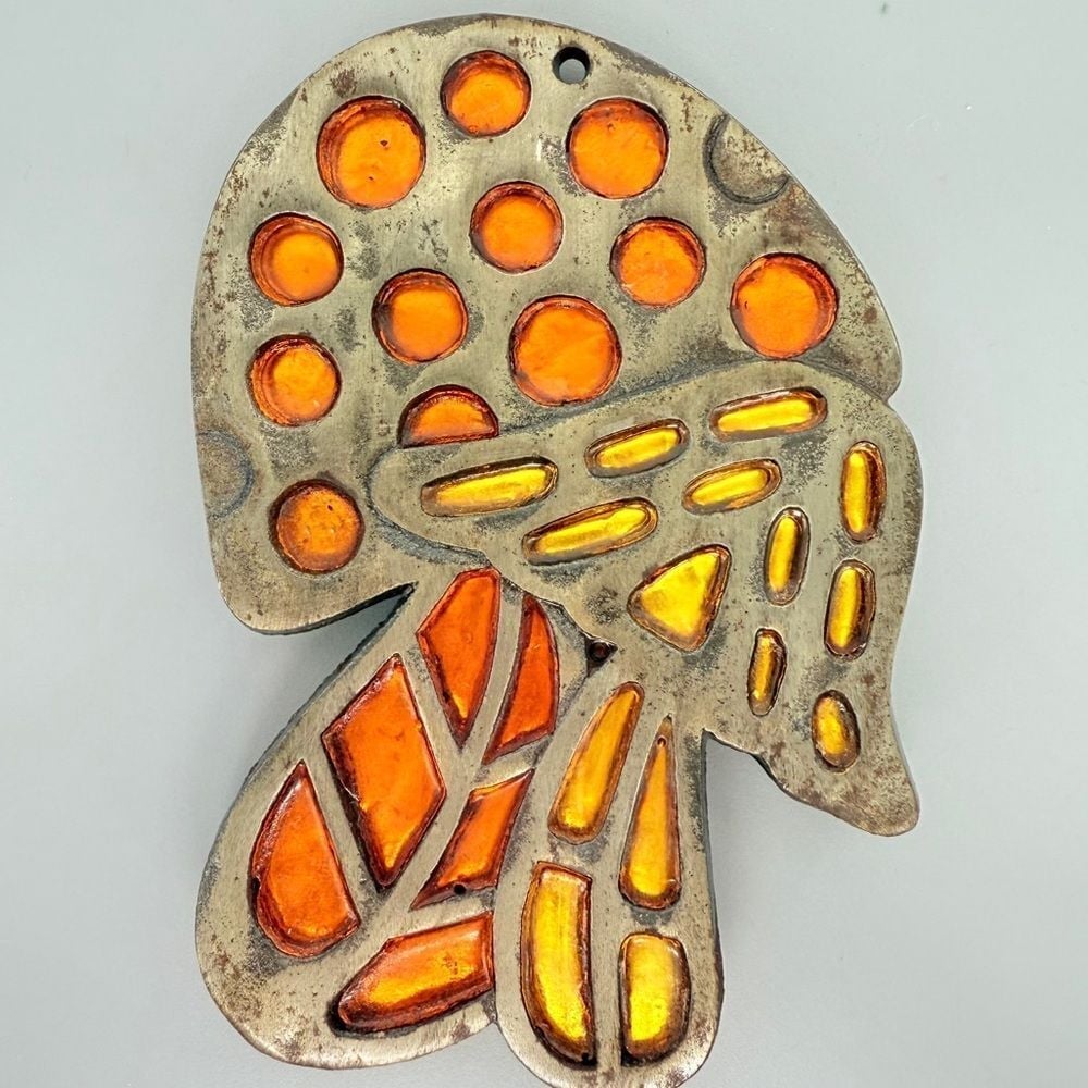 Mushroom Counterpoint Trivet Cast Iron with Orange and Gold Resin Vintage 1970's
