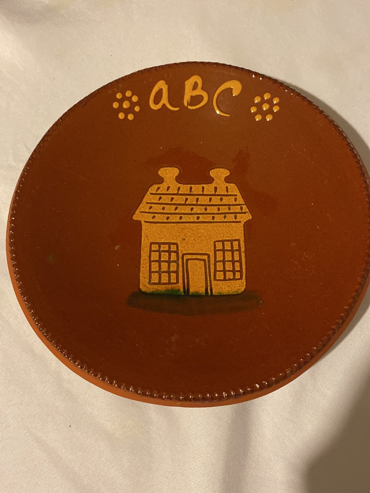 Vintage Slip Decorated Redware House Plate w Coggled Edge - 1986 C. N. Foltz