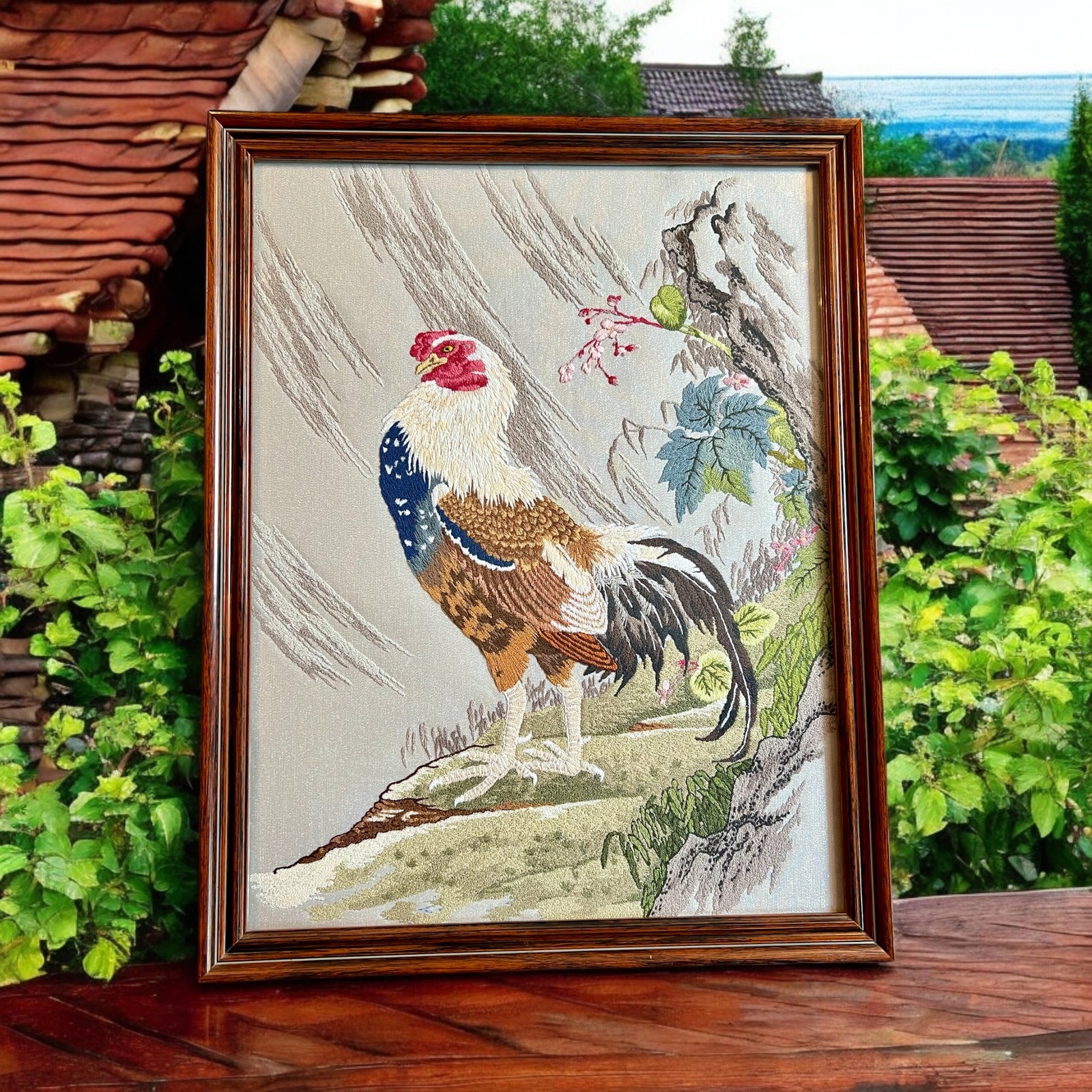 Framed Needlepoint Rooster-Bunka Embroidery-Vintage-Farmhouse-Oriental-Chicken