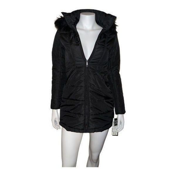 Maralyn & Me Juniors' Hooded Faux-Fur-Trim Puffer Coat Black Size XS NWT