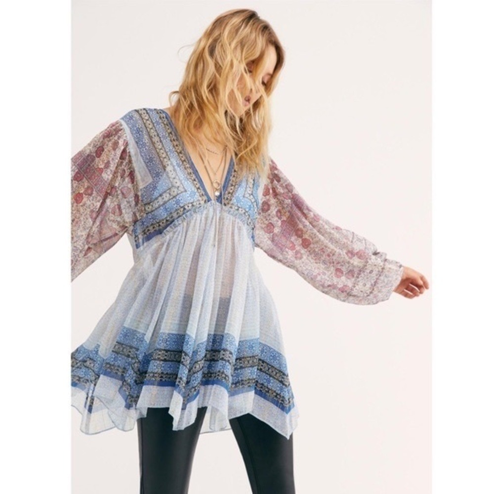 Free People Aliyah Printed Tunic Blue Long Sleeve Small