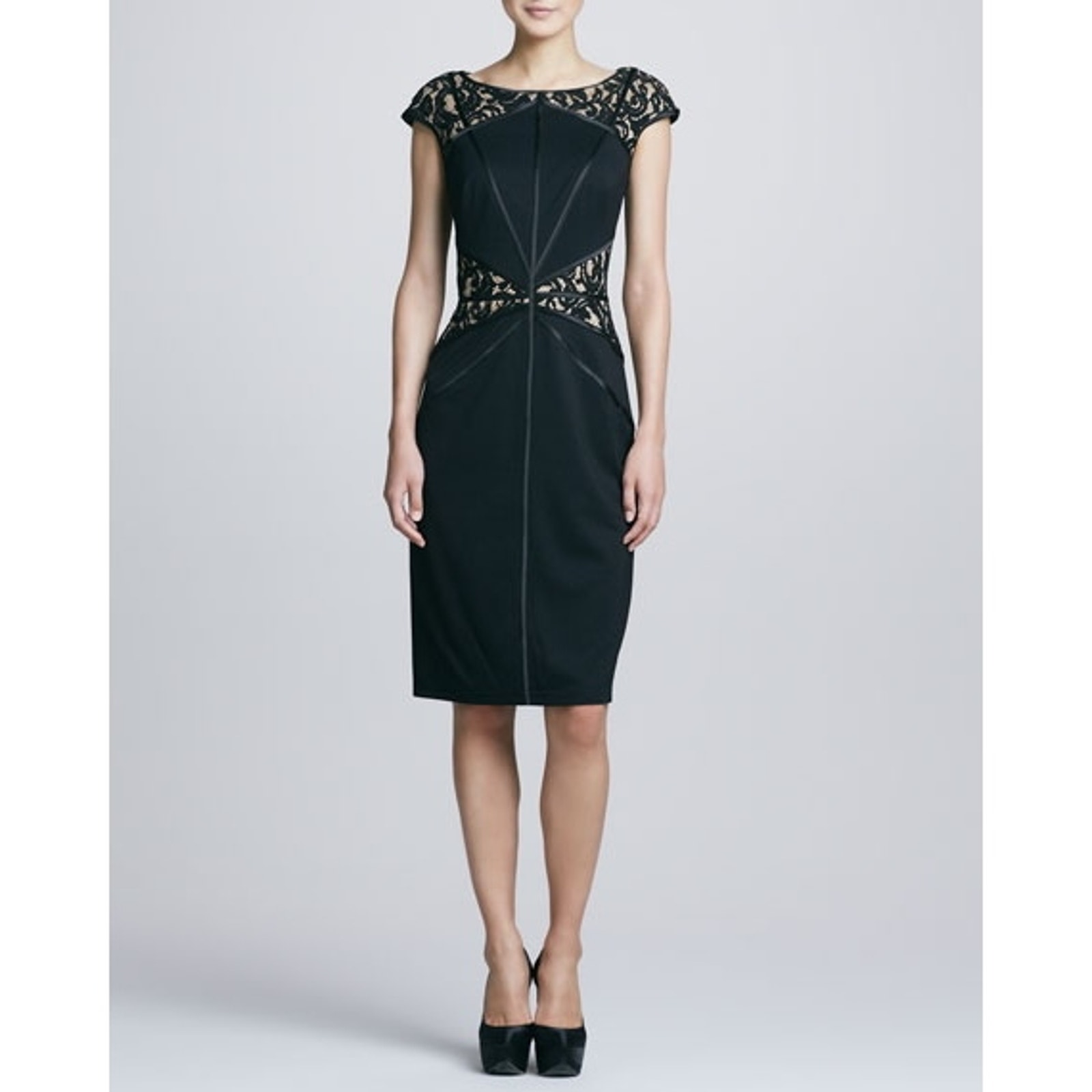 Tadashi Shoji Lace Yoke and Waist Overlay Sheath Cocktail Dress Black Size Small