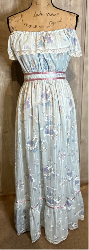 Vintage 70s Boho Fairy Cottagecore Dress Gunne Sax Style Lace Maxi Blue S